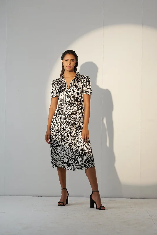 Refresh your closet with chic and comfy styles   Black and White Printed Premium Satin Work Dress