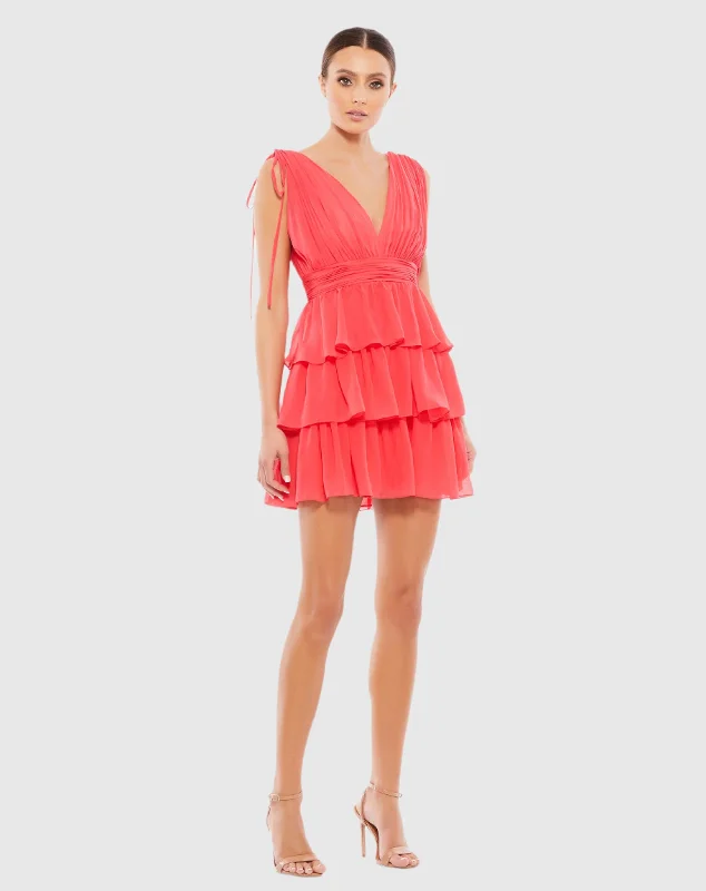 Casual yet chic women’s outfits for work or play   Pleated V Neck Tiered Ruffle Mini Dress