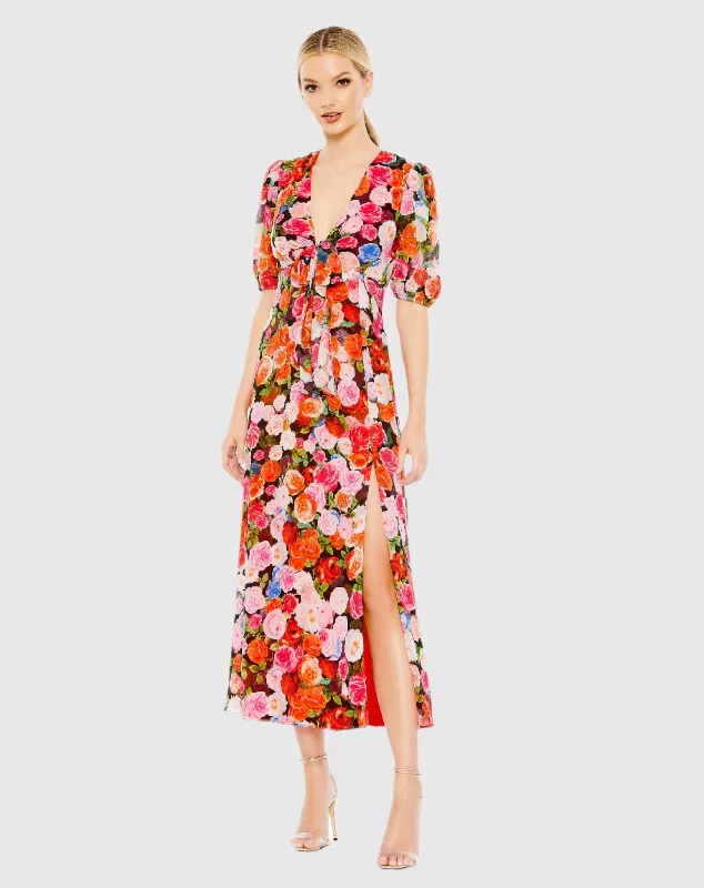 Statement pieces for the confident woman   Floral Print Front Tie Puff Sleeve Flowy Midi Dress