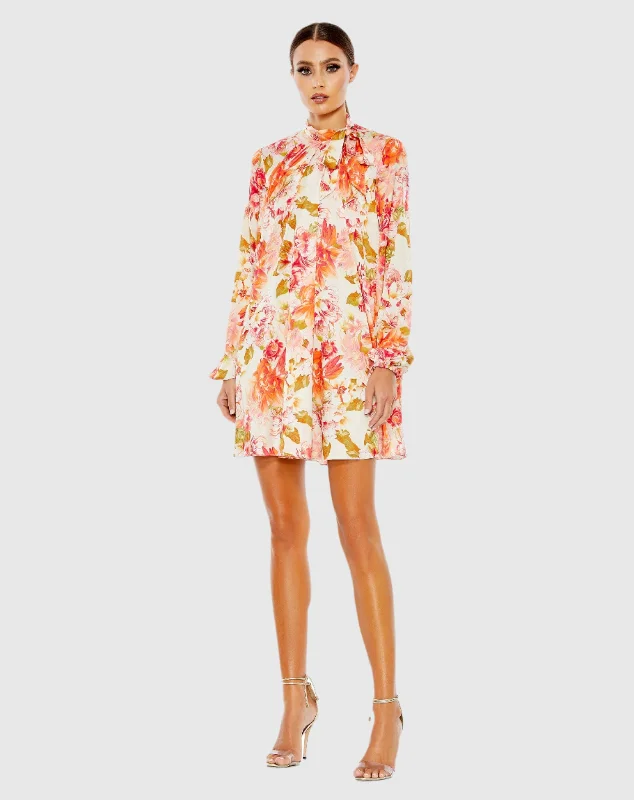 Sustainable fashion for stylish women   Floral Print High Neck Tie Puff Sleeve Flowy Mini Dress