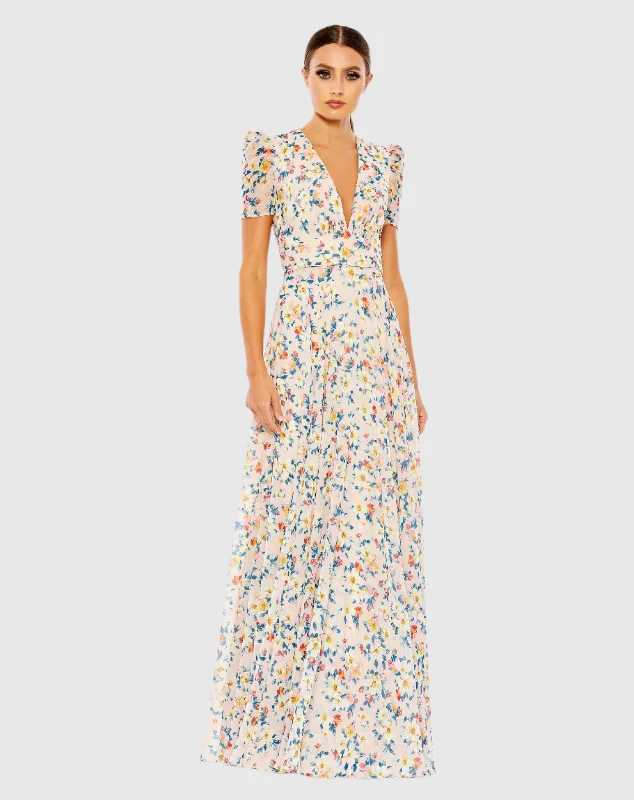 Fashion-forward styles that make a statement   Floral Print V Neck Puff Sleeve Flowy Gown