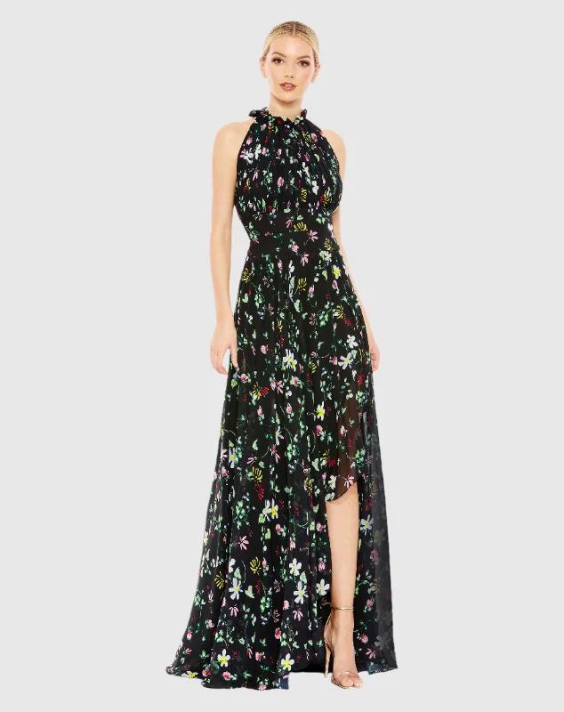 Versatile fashion options for every occasion   Floral Print Asymmetrical Ruffle Slit Halter Gown