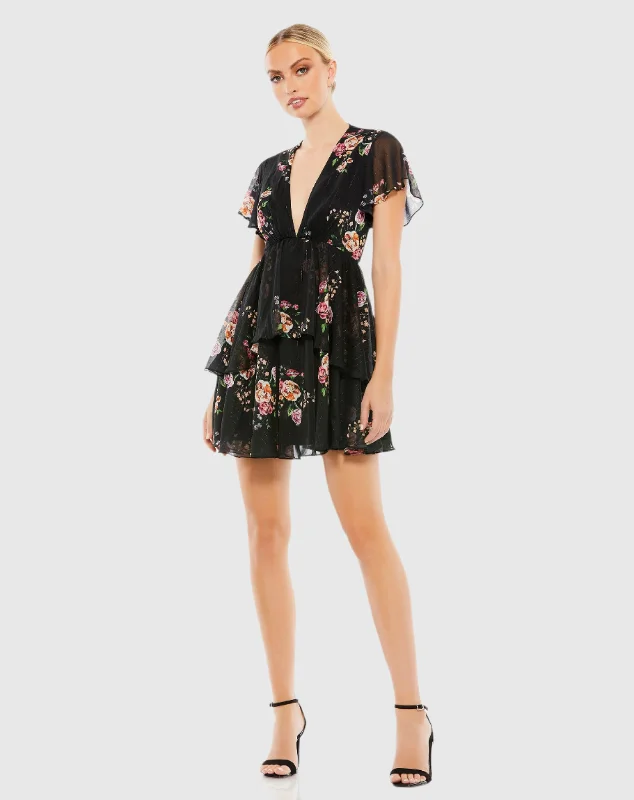 Uncover unique pieces for your perfect wardrobe   Tiered Ruffle Floral Print V Neck Butterfly Sleeve