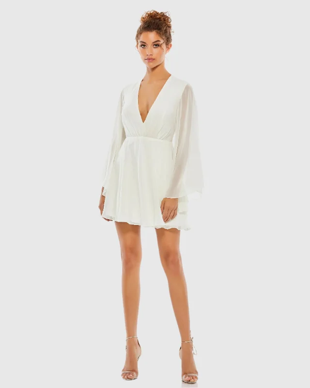 Chic and comfortable clothing for busy women   Solid Flowy V Neck Illusion Sleeve Mini Dress - FINAL SALE