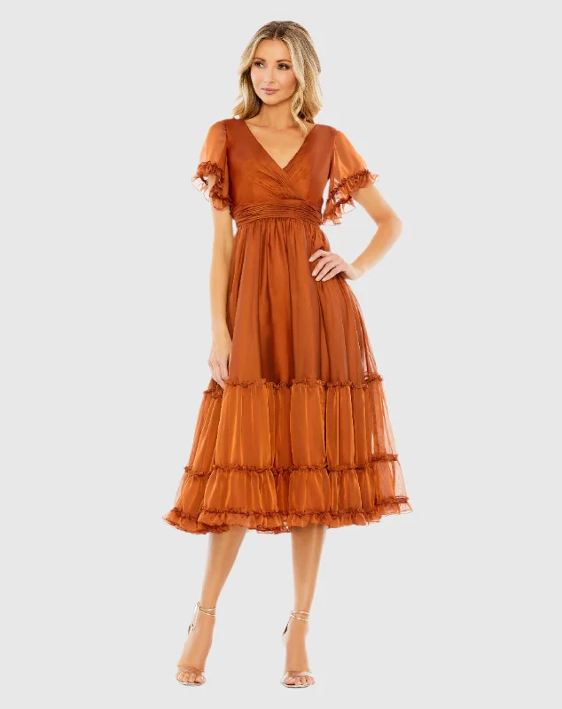 Cozy women’s clothing for the colder months   Tea Length Ruffled Dress w/ Sheer Flutter Sleeves