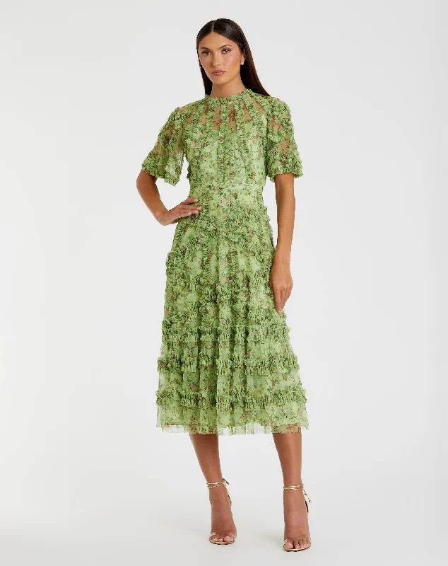 Soft, breathable fabrics for fashionable women   Floral Flutter Sleeve Mesh Print Dress