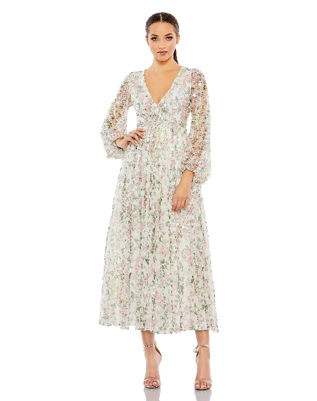 Versatile outfits to transition from day to night   Embellished Floral Print Faux Wrap A Line Dress