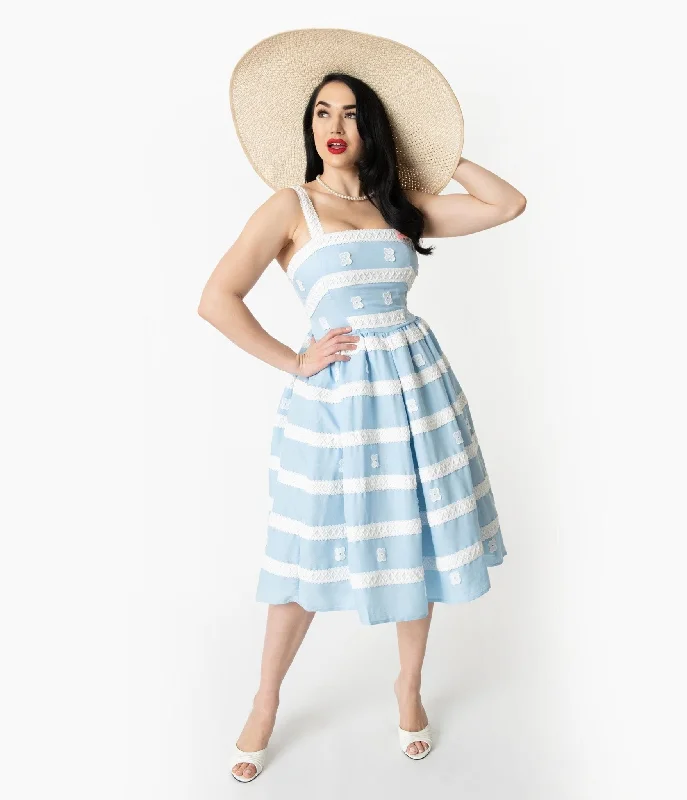 Women’s fashion that reflects your personality   Barbie™ x Unique Vintage Blue & White Suburban Shopper Sundress