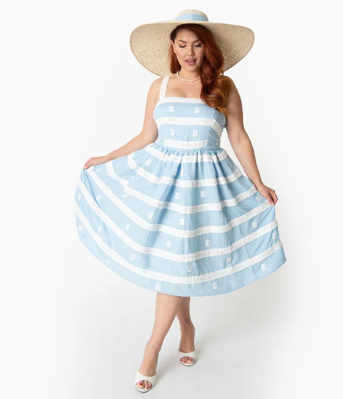 Get noticed with eye-catching women’s fashion   Barbie x Unique Vintage Plus Size Blue & White Suburban Shopper Sundress