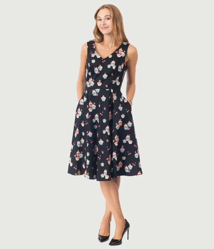 Soft, breathable fabrics for fashionable women   Black Cupcake Print Swing Dress