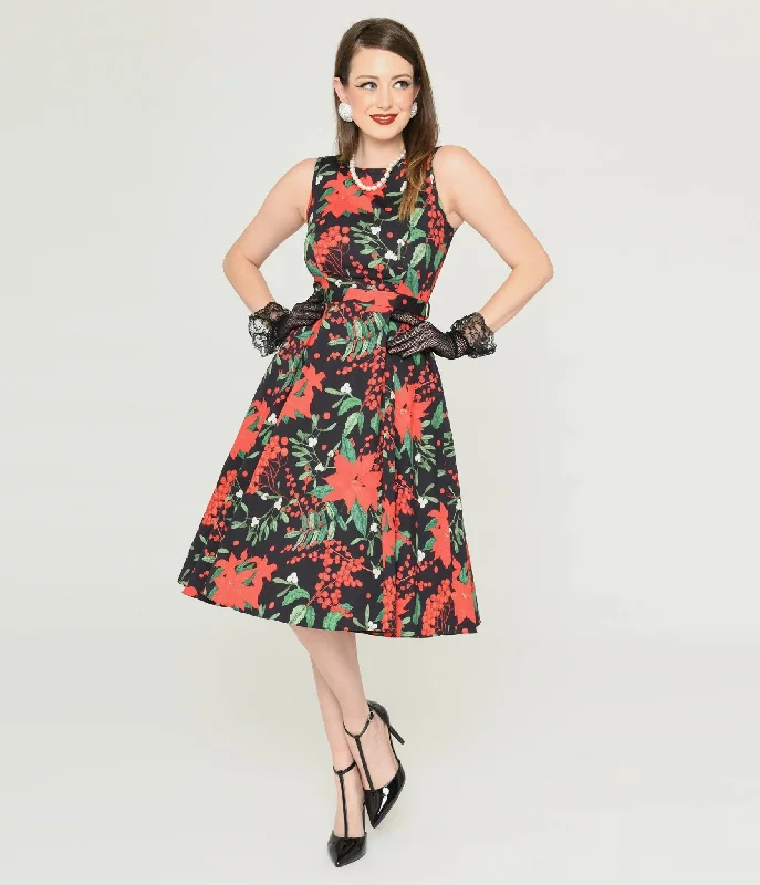 Effortlessly chic outfits for the modern woman   Black & Red Poinsettia Swing Dress
