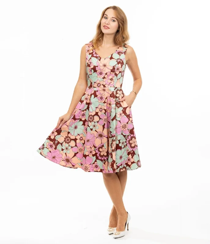 Uncover unique pieces for your perfect wardrobe   Burgundy & Pastel Florals Swing Dress
