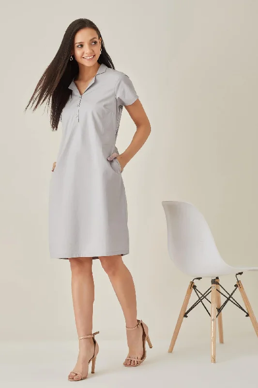 Effortlessly chic fashion for today’s woman   Grey Cotton Shirt Dress for workwear