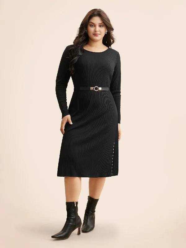 Step up your style with trendy women’s clothing   Crew Neck Eyelet Split Hem Dress