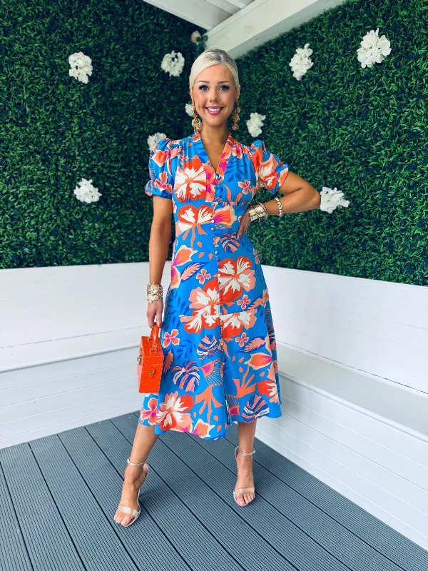 High-fashion styles at affordable prices   Florence V Neck Midi Dress Floral Blue