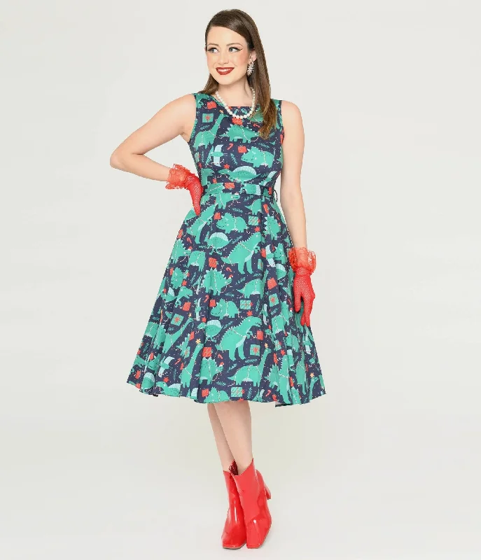 Bold and beautiful clothing for every woman   Navy & Dino Christmas Print Swing Dress