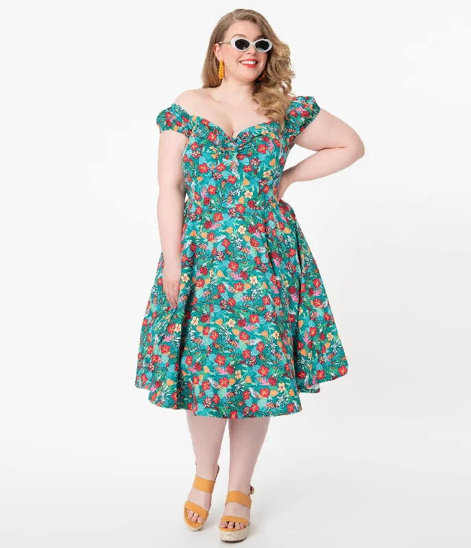 Iconic women’s outfits that never go out of style   Plus Size Teal & Multicolor Tropical Floral Print Preston Swing Dress