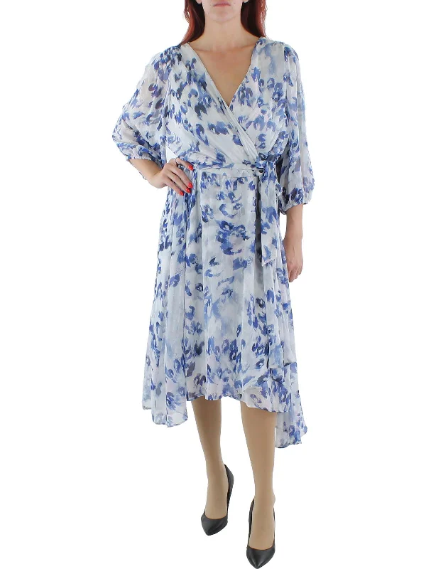 Step up your style with trendy women’s clothing   Plus Womens Printed Hi-Low Wrap Dress