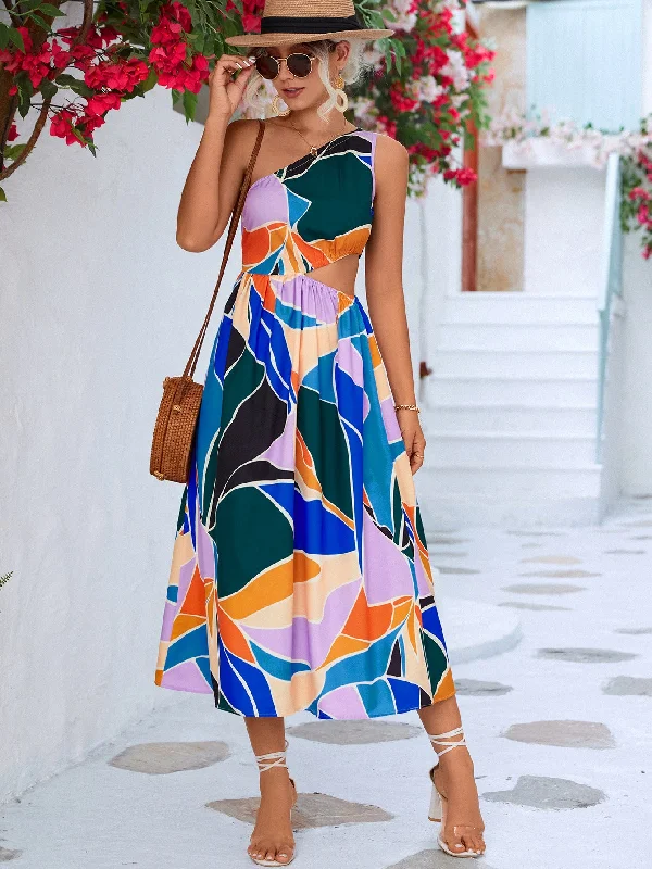 Effortlessly chic fashion for today’s woman   Printed Cutout One-Shoulder Sleeveless Dress