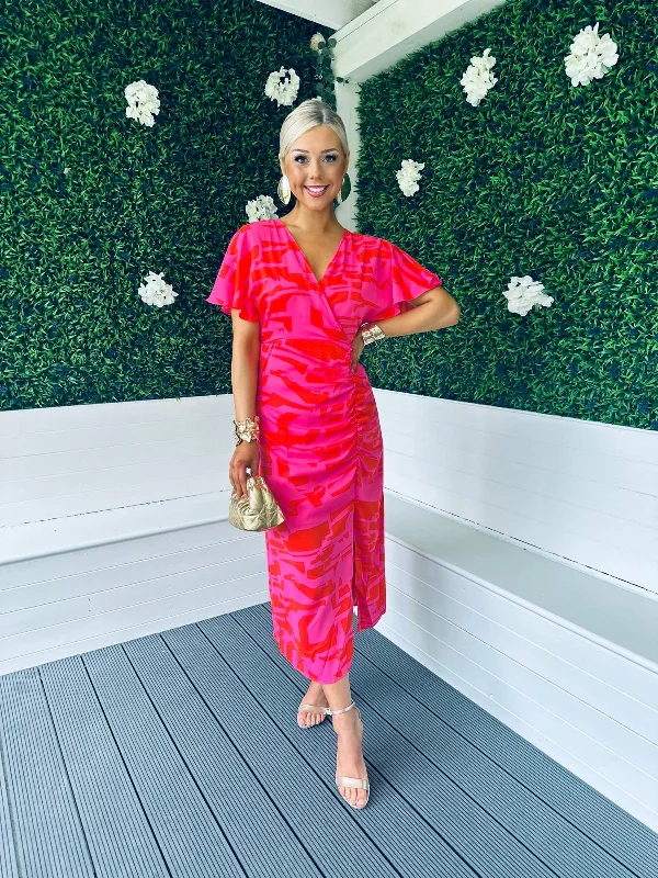 Refresh your wardrobe with stylish women’s outfits   Priscilla Ruched Detail Midi Dress Pink / Red