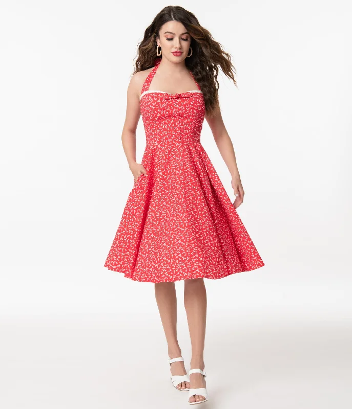 Stylish women’s clothing designed for comfort   Retro Red & White Floral Halter Kimberly Swing Dress