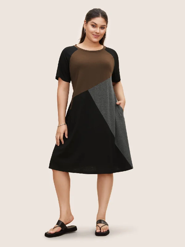 Elegant evening wear for special events   Round Neck Colorblock Contrast Raglan Sleeve Dress