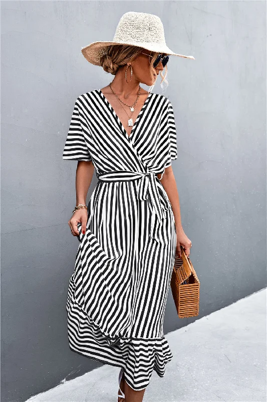 Fashion-forward women’s clothing on a budget   Striped Tie Belt Midi Dress