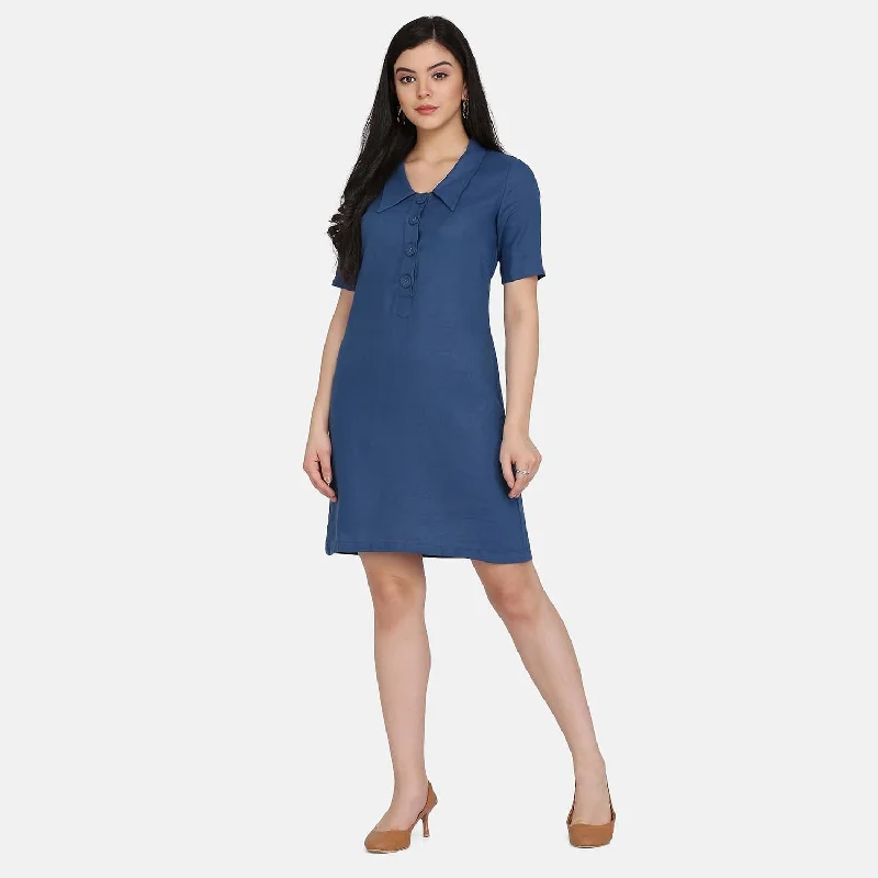 Sleek and sophisticated fashion for modern women   Blue Collared A Line  Women's Cotton Shirt Dress