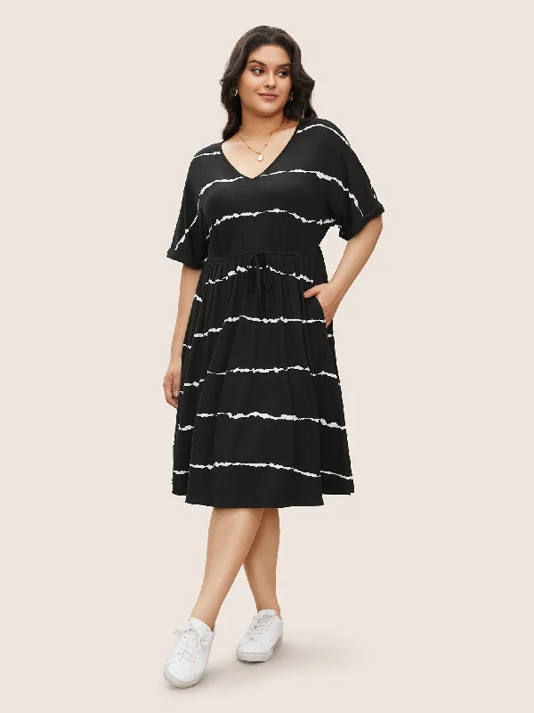 Chic, modern fashion for empowered women   Tie Dye Roll Dolman Sleeve Pocket Gathered Knot Striped Dress