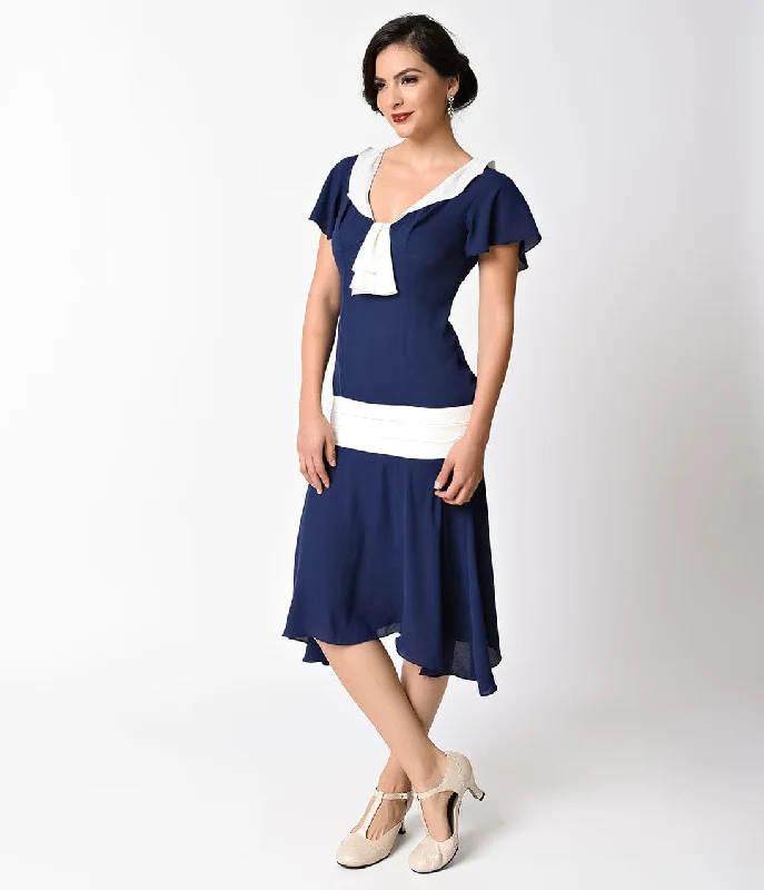 Essential women’s clothing for every season   Unique Vintage 1920s Navy Blue & Ivory Wilshire Flapper Day Dress