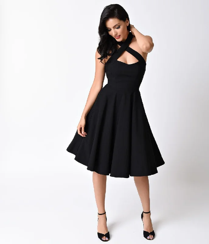 Fashionable women’s clothing that makes you shine   Unique Vintage Black Criss Cross Halter Rita Flare Dress