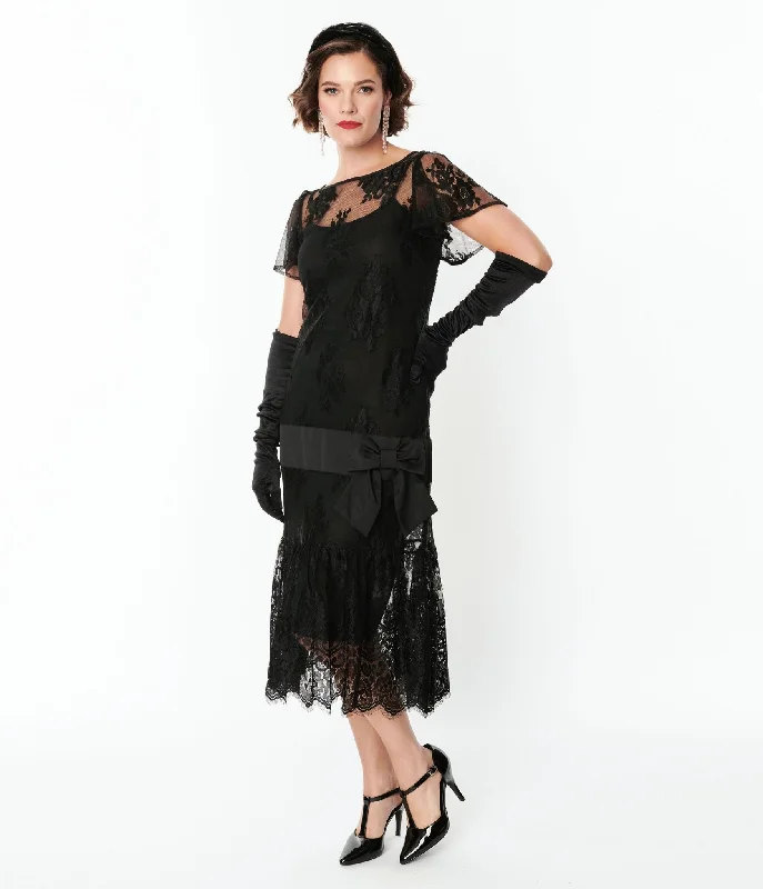 Fashionable women’s clothing that makes you shine   Unique Vintage 1920s Black Lace & Bow Flapper Dress