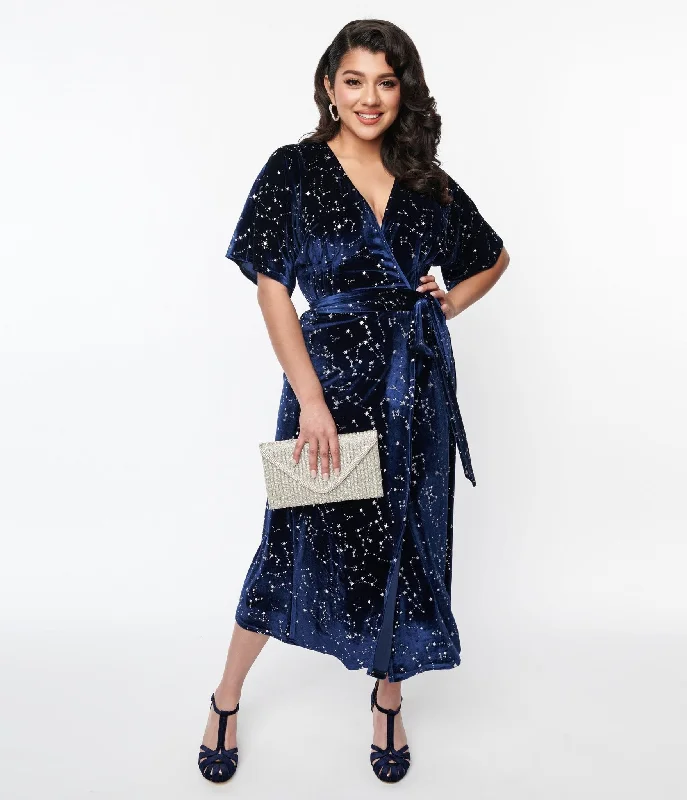 Trendy women’s clothing with a modern twist   Unique Vintage 1970s Navy & Silver Stars Velvet Wrap Midi Dress