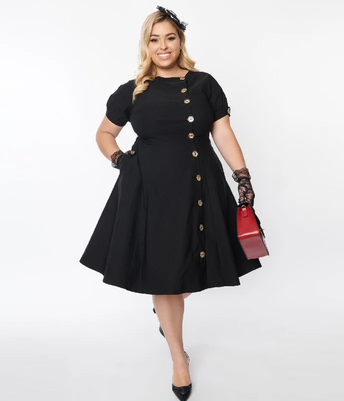 Discover the latest trends in women’s fashion   Unique Vintage Plus Size Black Button Swing Dress