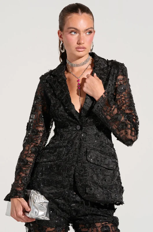 Trendy women’s clothing    CELEBRATION TIME LACE BLAZER IN BLACK