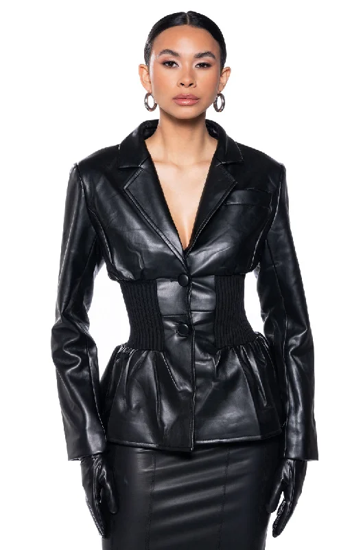 Refresh your wardrobe with high-quality women’s fashion PU BLAZER WITH RIB WAIST LINE Refresh your wardrobe with high-quality women’s fashion PU BLAZER WITH RIB WAIST LINE