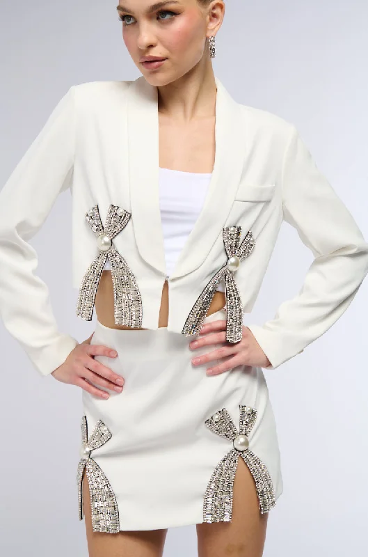 Stylish plus-size clothing for women   KATY EMBELLISHED CROPPED BLAZER IN WHITE