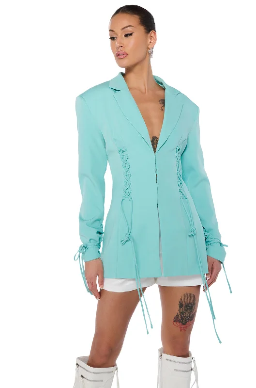 Feminine silhouettes for the modern woman   LACED TEAL FITTED BLAZER