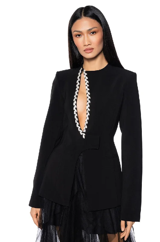 Elegant and comfortable women’s fashion wear   PEEK A BOO RHINESTONE ACCENT BLAZER