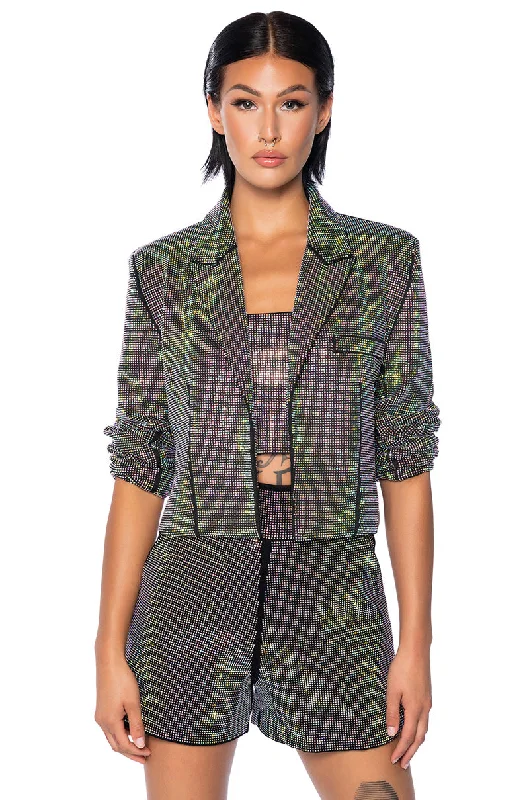 Luxurious fabrics and modern designs for women POP STAR HOT FIX RHINESTONE CROP BLAZER IN BLACK Luxurious fabrics and modern designs for women POP STAR HOT FIX RHINESTONE CROP BLAZER IN BLACK