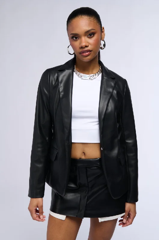 Elevate your look with premium women’s wear SO CHIC SOFT FAUX LEATHER BLAZER IN BLACK Elevate your look with premium women’s wear SO CHIC SOFT FAUX LEATHER BLAZER IN BLACK