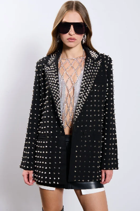 Elegant casual clothing for modern women   SUGAR AND SPICE SPIKED STUD BLAZER