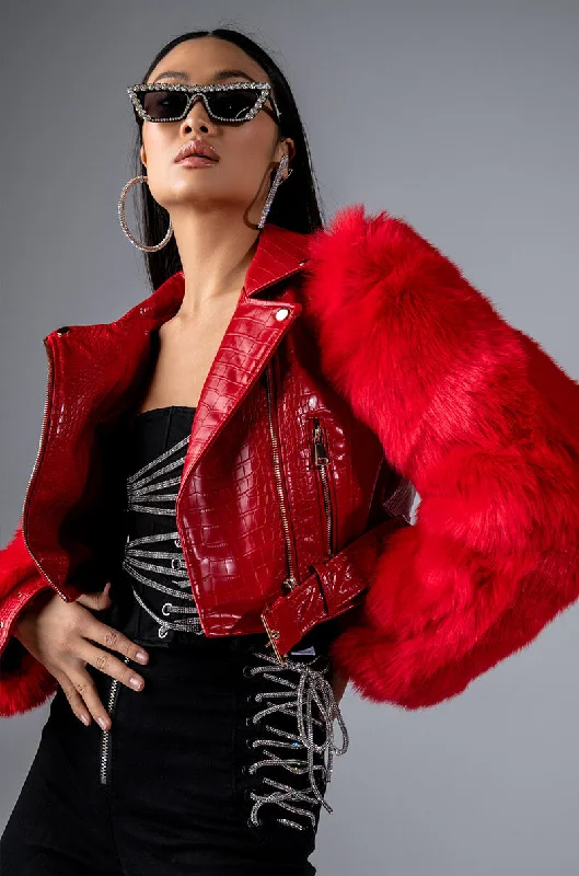 Dress up or down with these versatile pieces AZALEA WANG RED NOLLA FAUX FUR ARMS CROC MOTO JACKET Dress up or down with these versatile pieces AZALEA WANG RED NOLLA FAUX FUR ARMS CROC MOTO JACKET