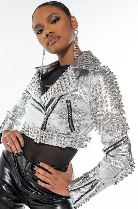 Comfortable yet stylish outfits for women on the go AZALEA WANG SILVER STUDDED CROP MOTO Comfortable yet stylish outfits for women on the go AZALEA WANG SILVER STUDDED CROP MOTO