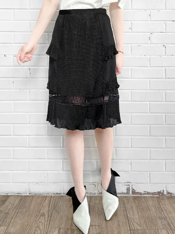 Step up your style with trendy women’s clothing   Surprise Sale! Black Sparkle Tiered Ruffle Dotty Trim Lace Skirt