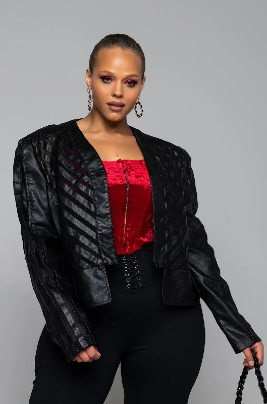 Bold and sophisticated looks for every woman COME A LITTLE CLOSER MESH PLEATHER PLUS JACKET Bold and sophisticated looks for every woman COME A LITTLE CLOSER MESH PLEATHER PLUS JACKET
