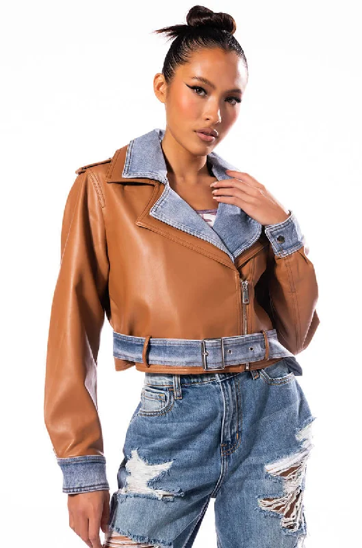 Cozy women’s clothing for the colder months   DOUBLE TROUBLE DENIM MOTO JACKET