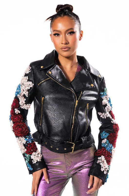 Effortlessly chic outfits for the modern woman   EVERY ROSE HAS A THORN MOTO JACKET