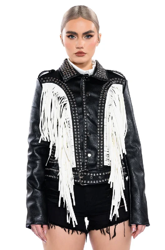 Dress to impress with elegant women’s wear   LOLLA FRINGE MOTO JACKET