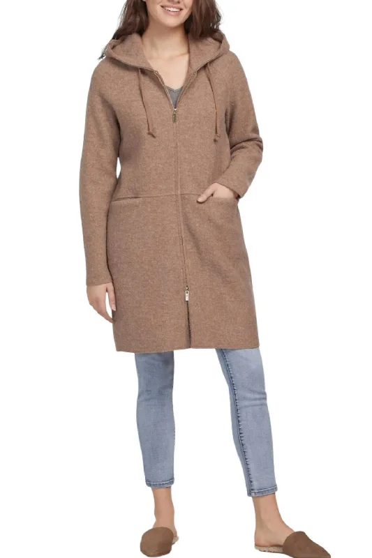 Elegant evening wear for special events   Long Wool Hooded Coat In Brown